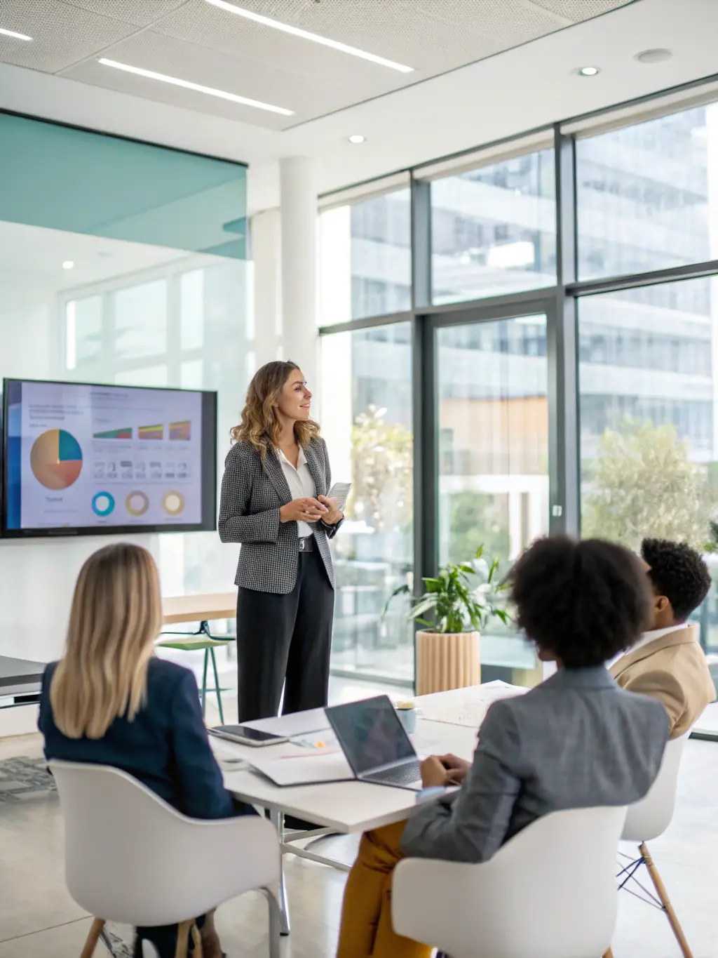 A professional giving a presentation on ergonomics in an office setting, showing employees how to properly set up their workstations to avoid injury.