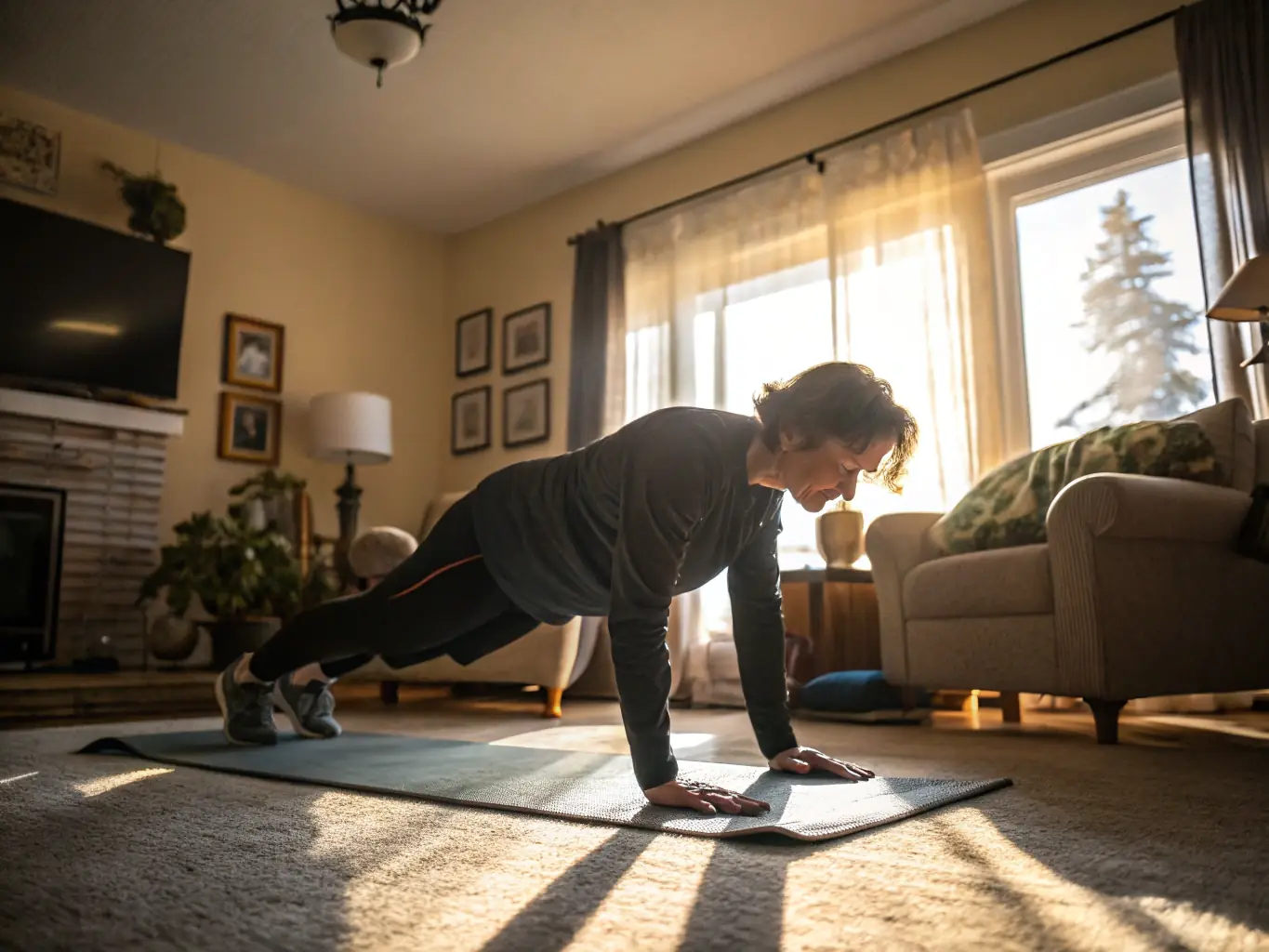 A remote worker exercising at home with minimal equipment. The image should emphasize the convenience and effectiveness of home-based fitness routines.