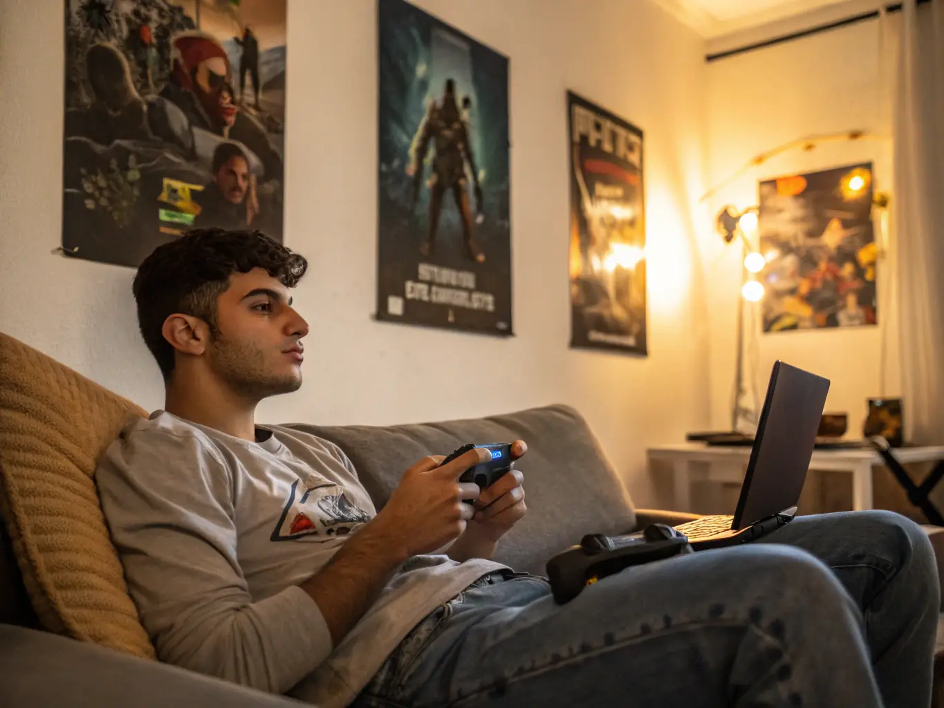 An image of a gamer performing stretching or strength exercises in a gaming setup. The gamer is focused and determined, showcasing the importance of physical conditioning.