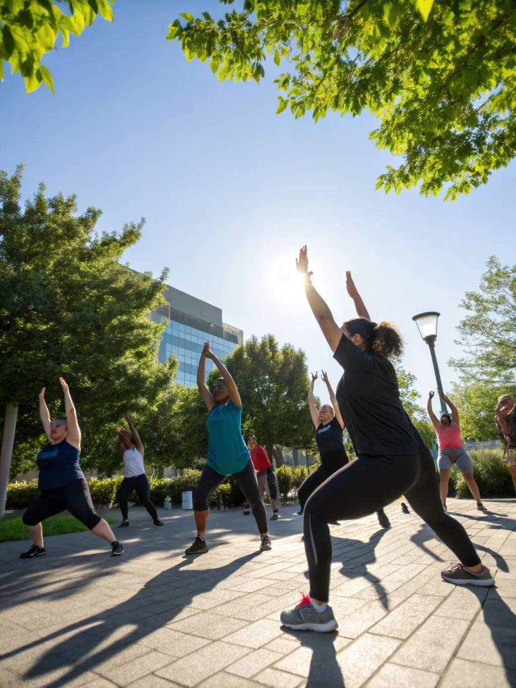 A team of employees participating in a group fitness class outdoors, led by a fitness instructor. The setting is a park or green space near the office, promoting team building and physical activity.