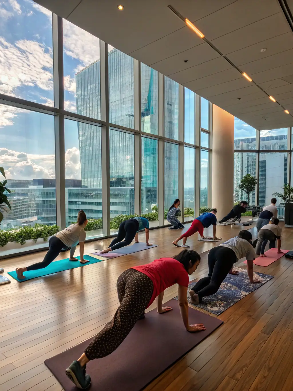 A diverse group of employees participating in a guided stretching session in a modern office setting, led by a fitness instructor. The atmosphere is energetic and supportive, promoting workplace wellness.