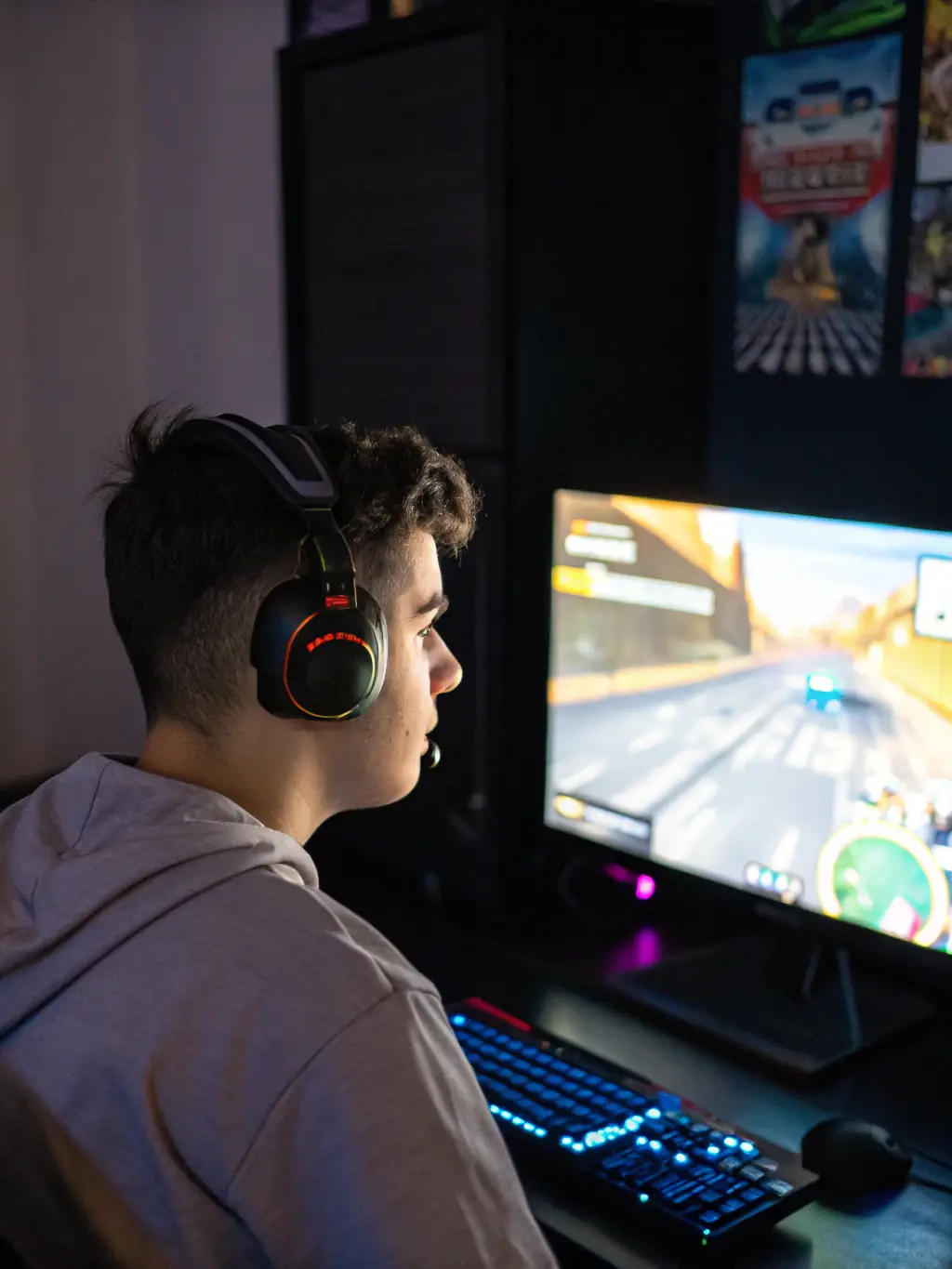 A gamer actively engaged in a video game, with subtle visual cues indicating physical conditioning exercises integrated into their routine, set in a modern gaming room.