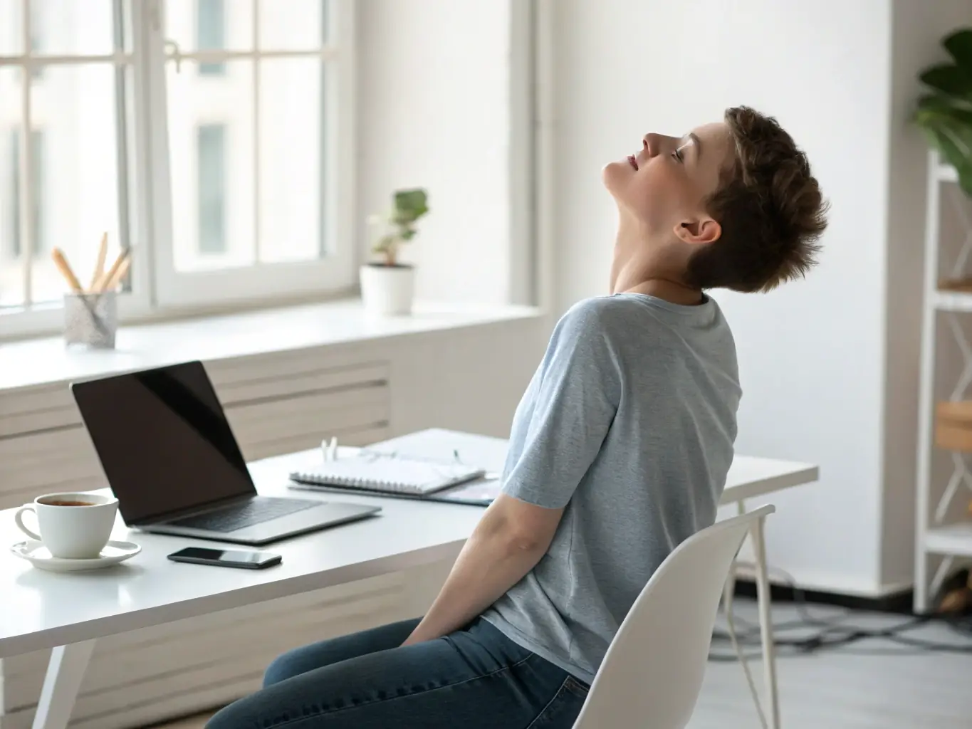 A person is performing a posture correction exercise with resistance bands at their desk, focusing on improving upper back and shoulder alignment.