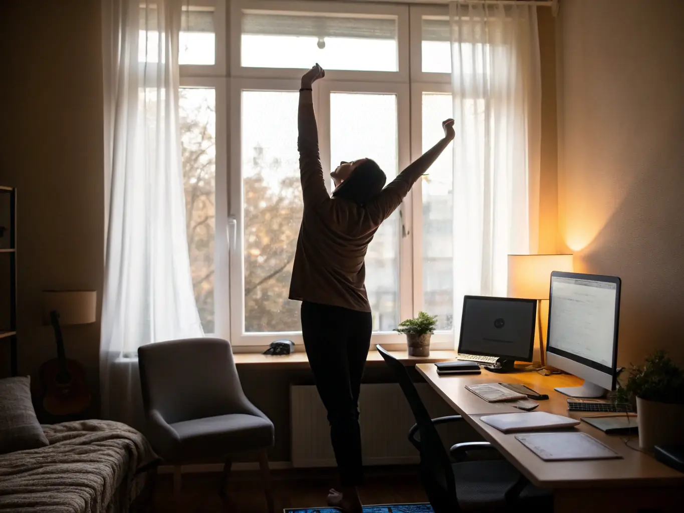 A programmer is performing a neck and shoulder stretch at their desk, highlighting the importance of relieving tension during long coding sessions.