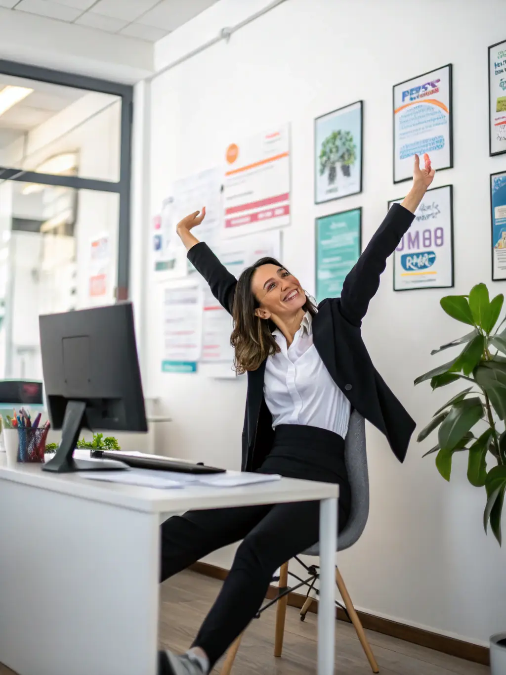 A programmer working at a desk, interspersed with images of stretching and strengthening exercises, emphasizing mobility and flexibility, in a modern office environment.