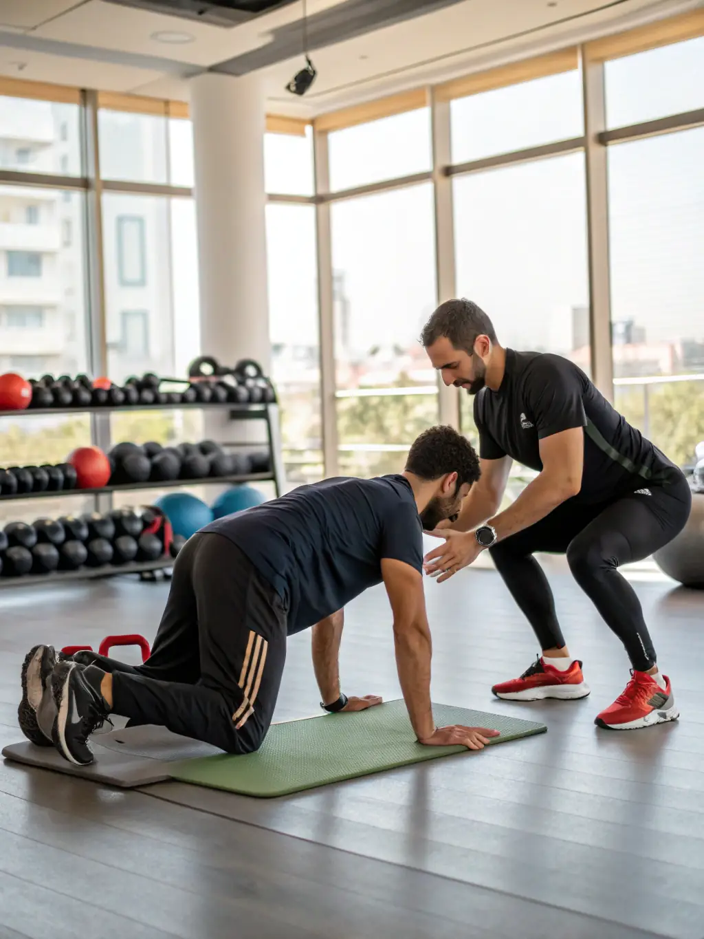 A person performing posture correction exercises with resistance bands, focusing on improving spinal alignment and muscle balance, in a well-lit studio setting.
